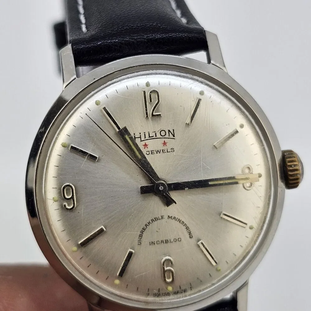 VTG Hilton Automatic Men's Watch 34MM‎ Gray Dial Swiss New Black Leather Bands - Picture 6 of 16